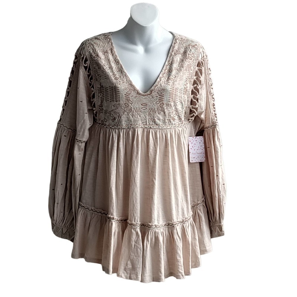 Free People Sm Salt Much Love Embroi Ladder Stitch Ruffle Trim Balloon Sleev Top